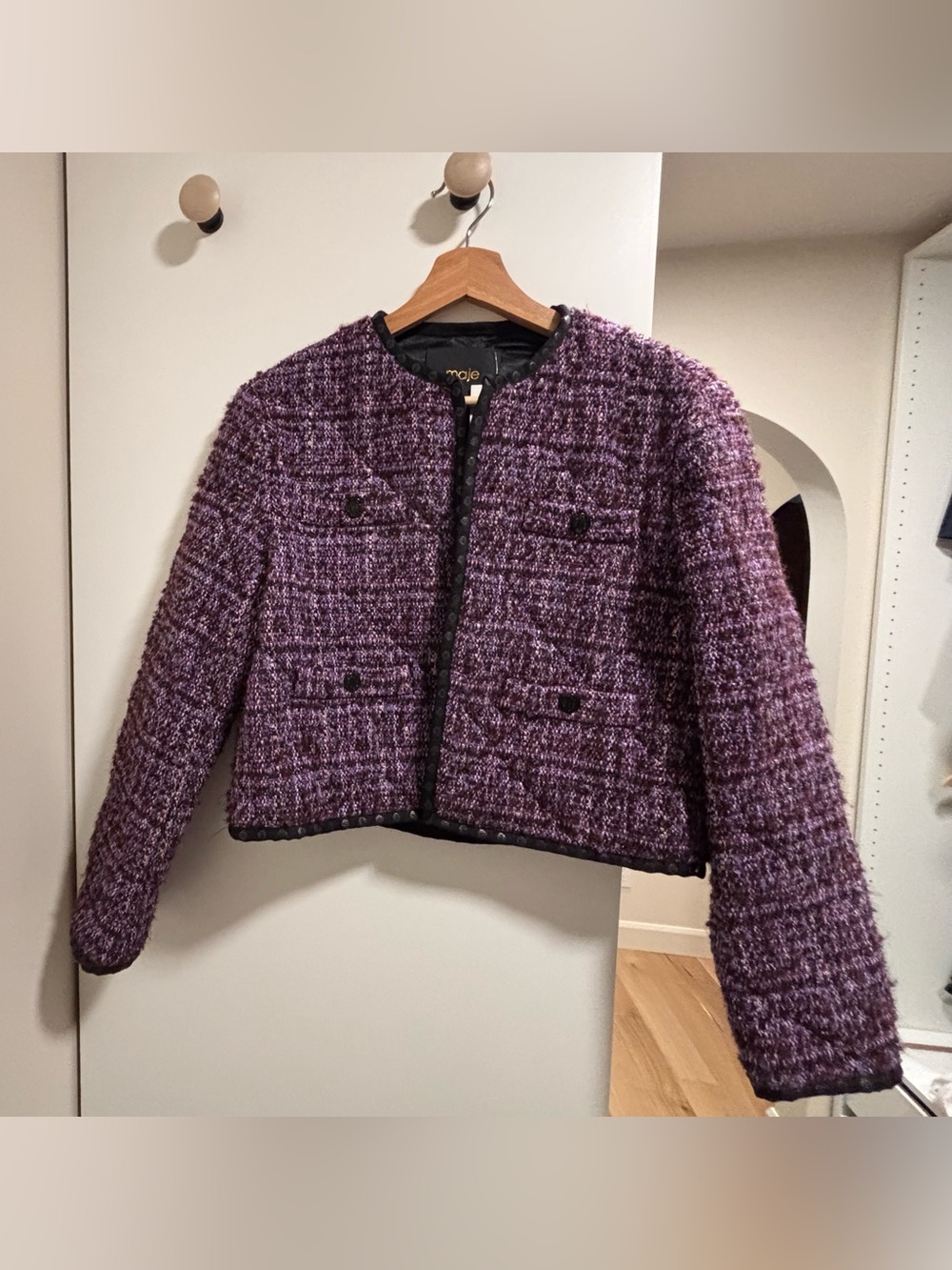 Maje Purple Tweed Collarless Bouclé Jacket